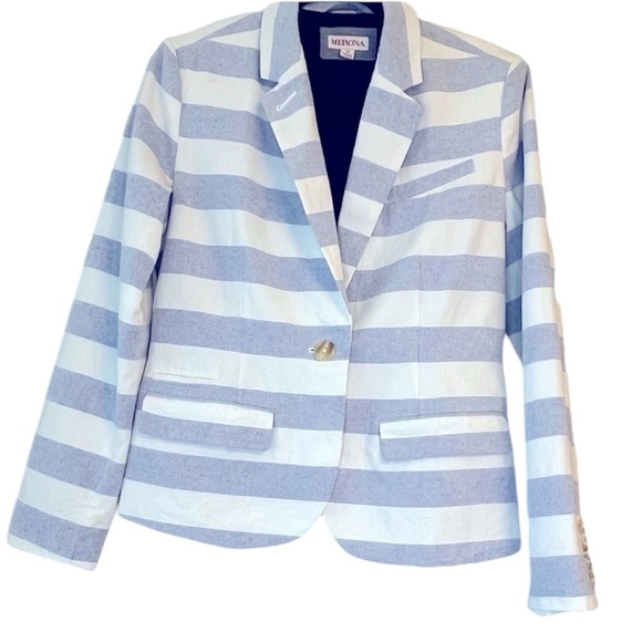 Merona Lined Chambray Blue and White Stripe Cotton Button Blazer Size 10 - Picture 2 of 11